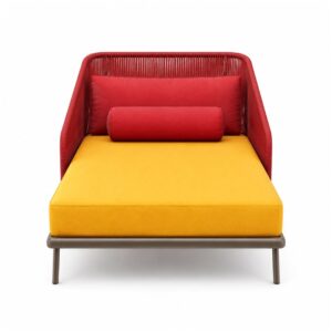 Chaise Rubi estofada em vermelho e amarelo da RC Casa & Jardim